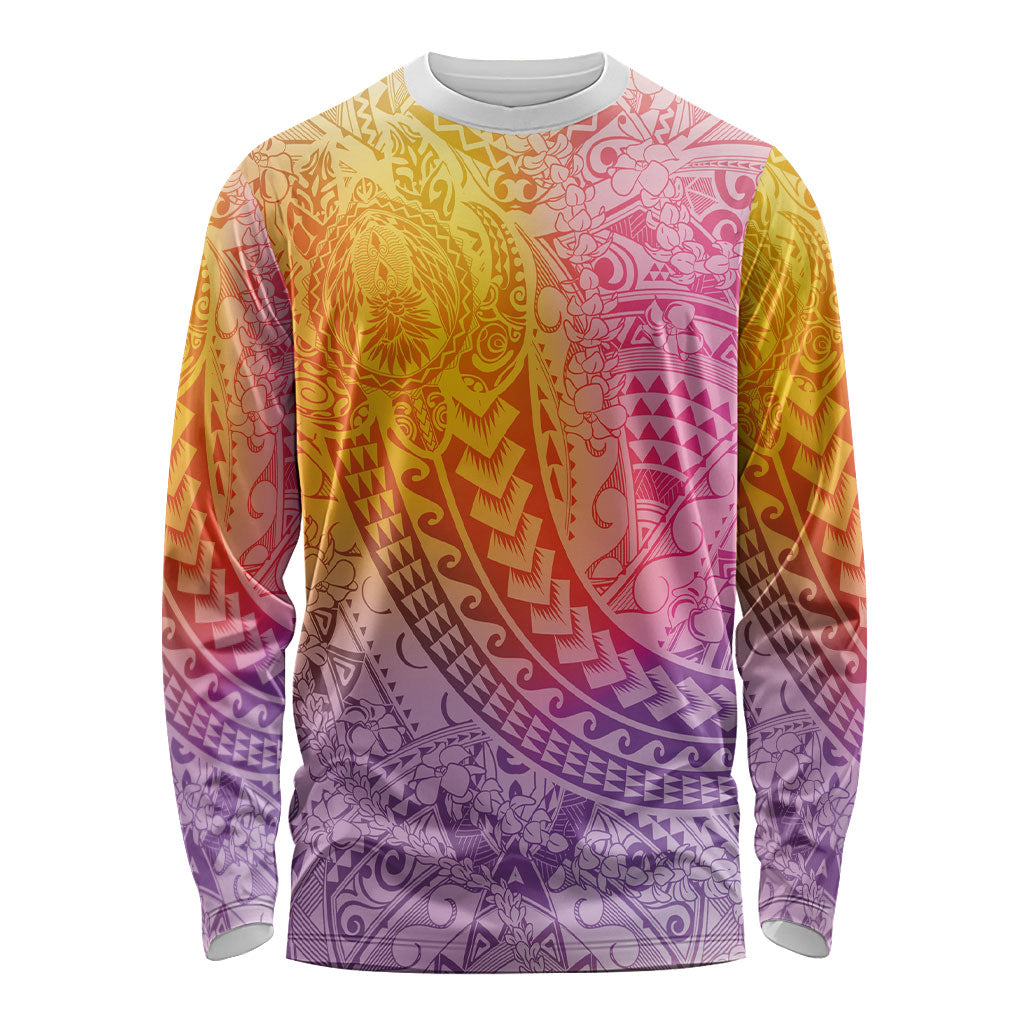 Hawaiian Turtles and Leis Long Sleeve Shirt Tribal Kakau Pattern Magical Rainbow Sky