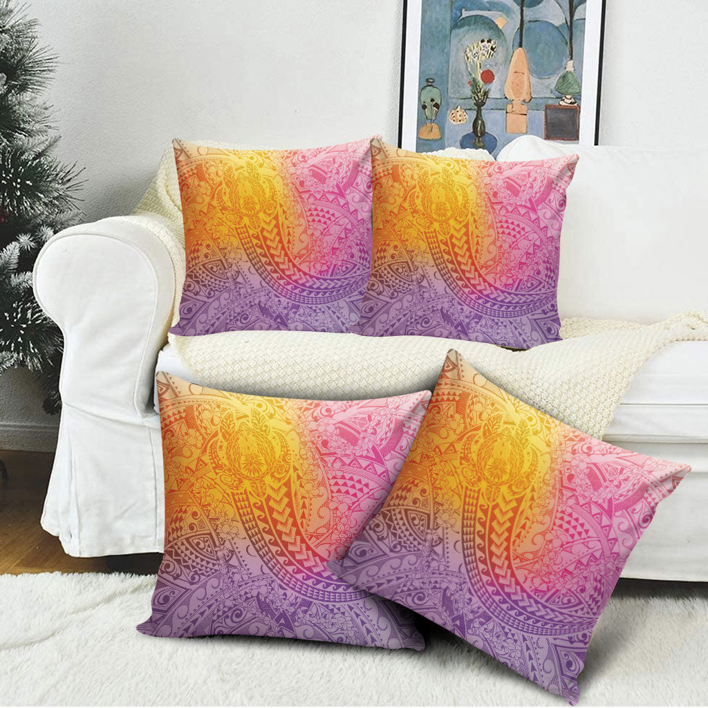 Hawaiian Turtles and Leis Pillow Cover Tribal Kakau Pattern Magical Rainbow Sky