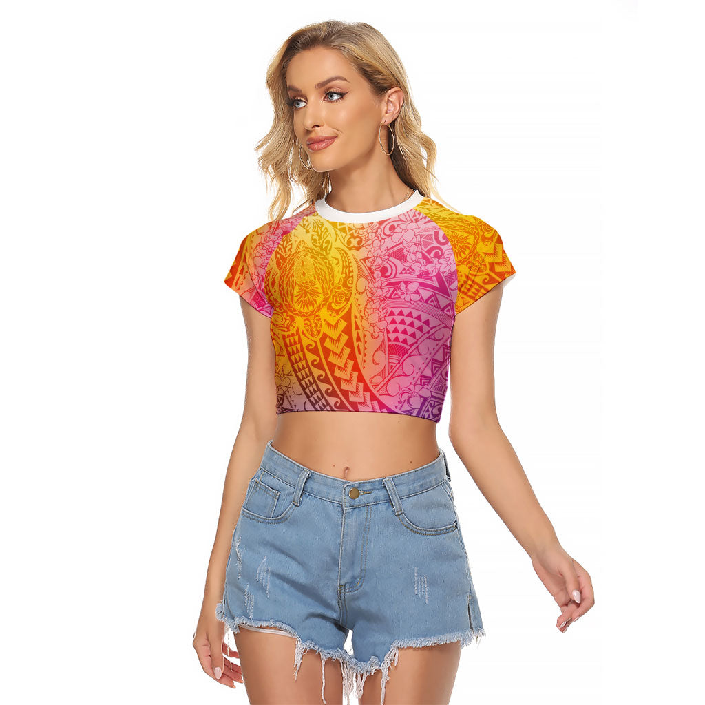 Hawaiian Turtles and Leis Raglan Cropped T Shirt Tribal Kakau Pattern Magical Rainbow Sky