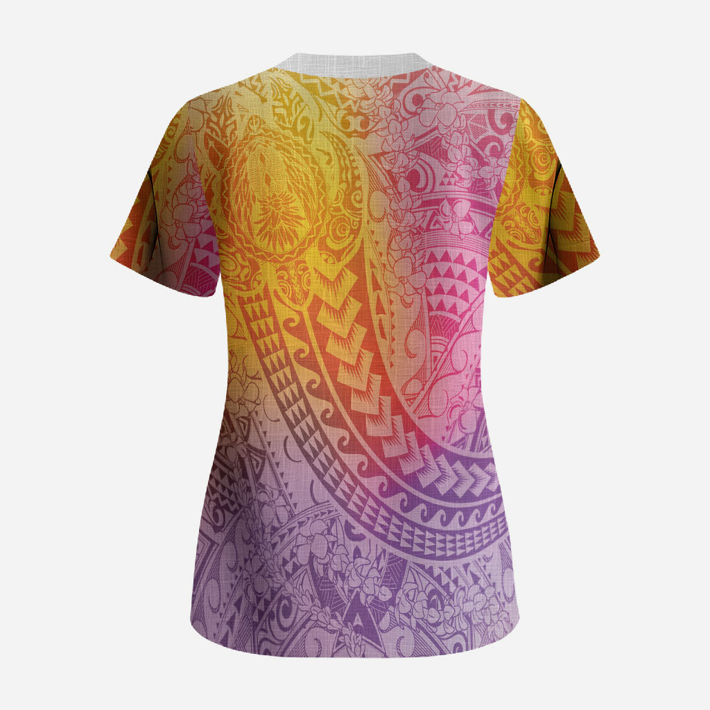 Hawaiian Turtles and Leis Scrub Top Tribal Kakau Pattern Magical Rainbow Sky