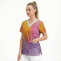 Hawaiian Turtles and Leis Scrub Top Tribal Kakau Pattern Magical Rainbow Sky