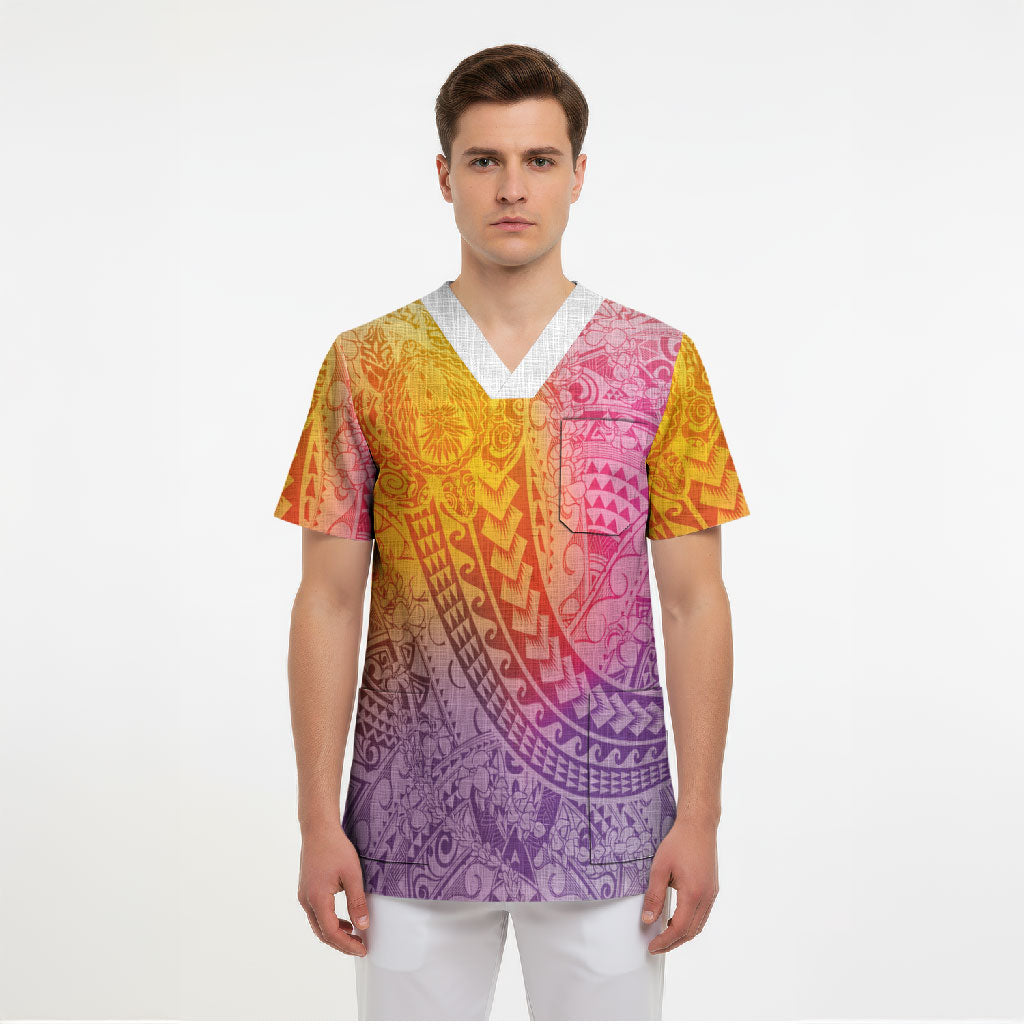 Hawaiian Turtles and Leis Scrub Top Tribal Kakau Pattern Magical Rainbow Sky