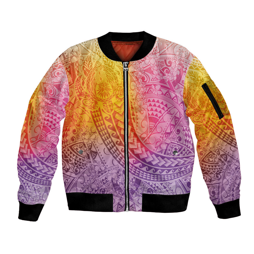 Hawaiian Turtles and Leis Sleeve Zip Bomber Jacket Tribal Kakau Pattern Magical Rainbow Sky