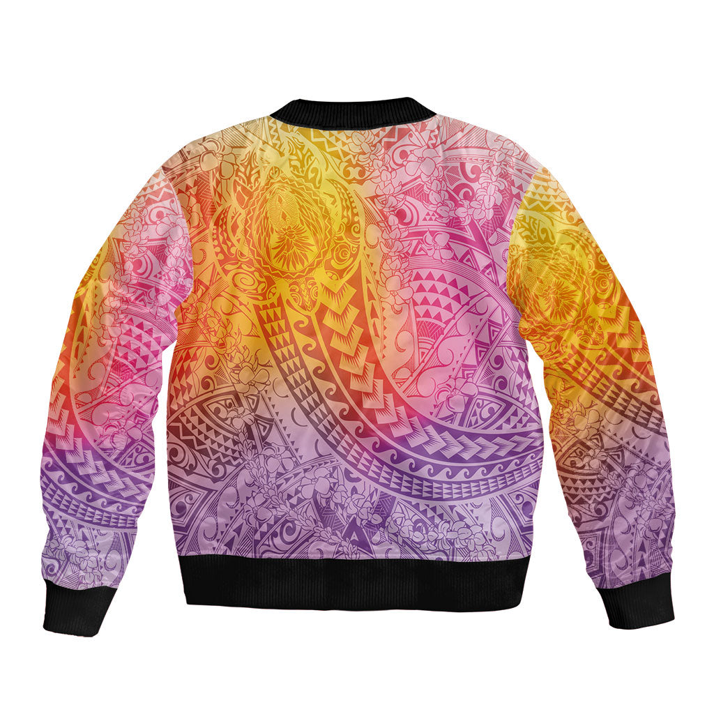 Hawaiian Turtles and Leis Sleeve Zip Bomber Jacket Tribal Kakau Pattern Magical Rainbow Sky