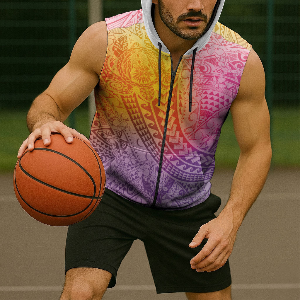 Hawaiian Turtles and Leis Sleeveless Zip Hoodie Tribal Kakau Pattern Magical Rainbow Sky