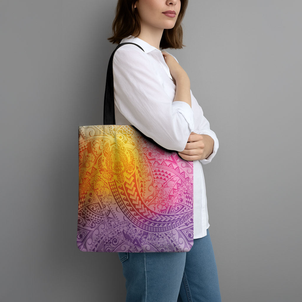 Hawaiian Turtles and Leis Tote Bag Tribal Kakau Pattern Magical Rainbow Sky