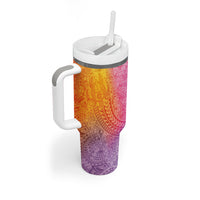 Hawaiian Turtles and Leis Tumbler With Handle Tribal Kakau Pattern Magical Rainbow Sky