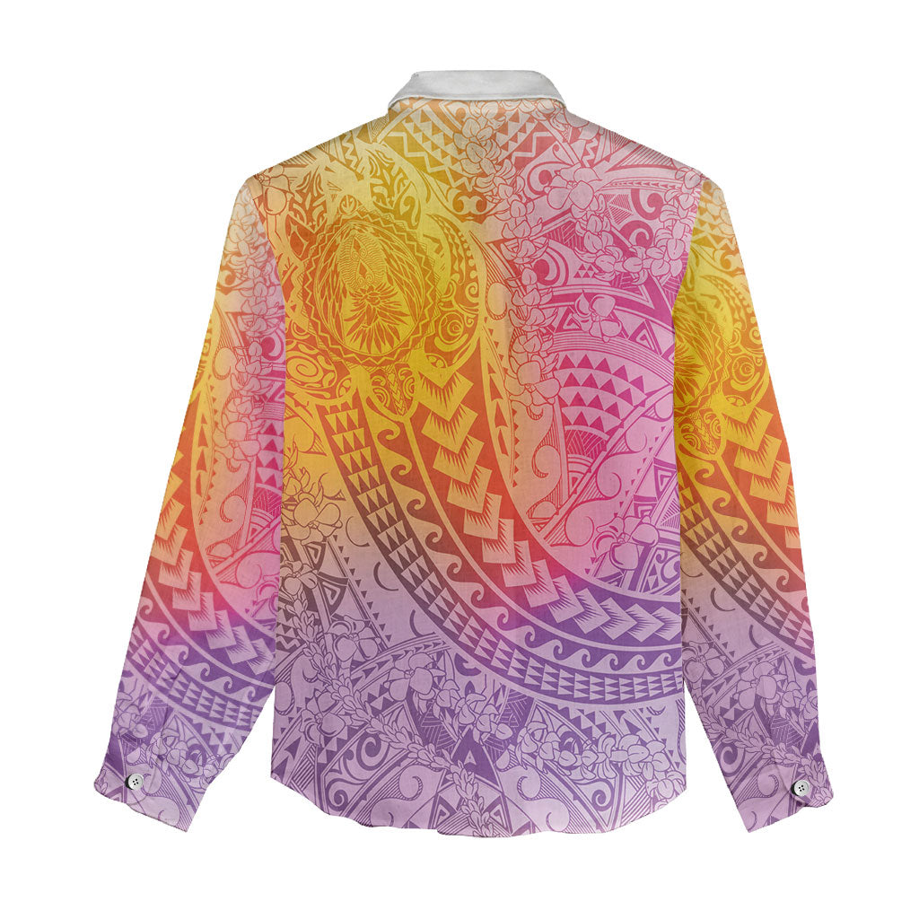 Hawaiian Turtles and Leis Women Casual Shirt Tribal Kakau Pattern Magical Rainbow Sky
