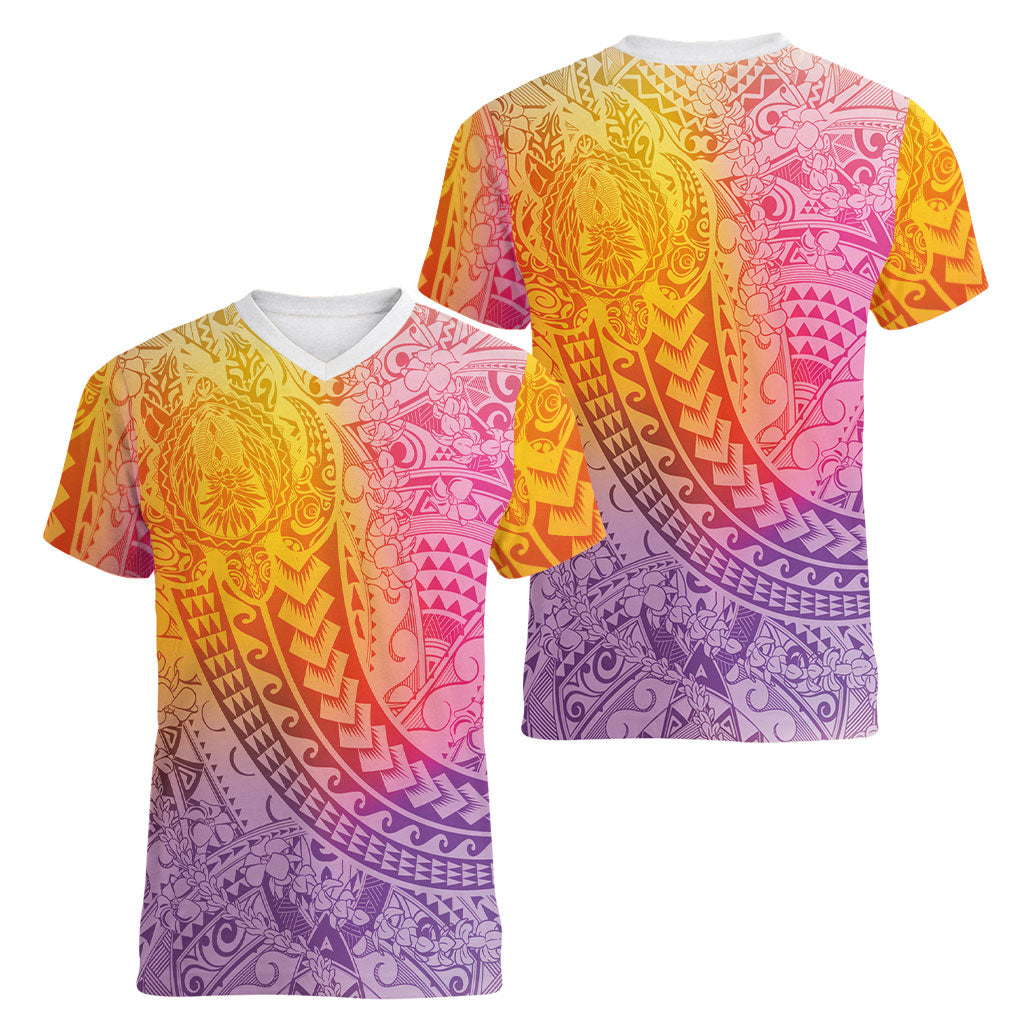 Hawaiian Turtles and Leis Women V-Neck T-Shirt Tribal Kakau Pattern Magical Rainbow Sky