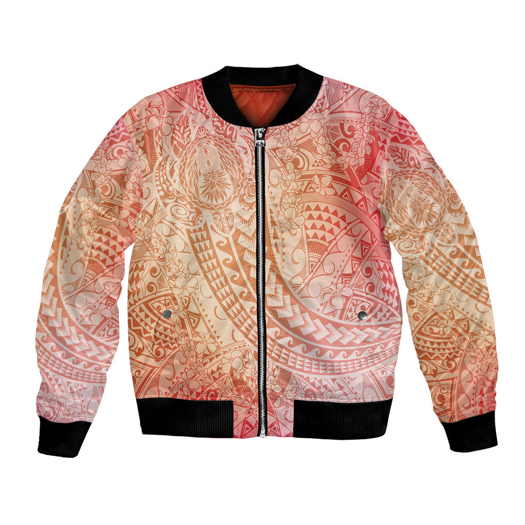 Hawaiian Turtles and Leis Bomber Jacket Tribal Kakau Pattern Peach Fuzz Color