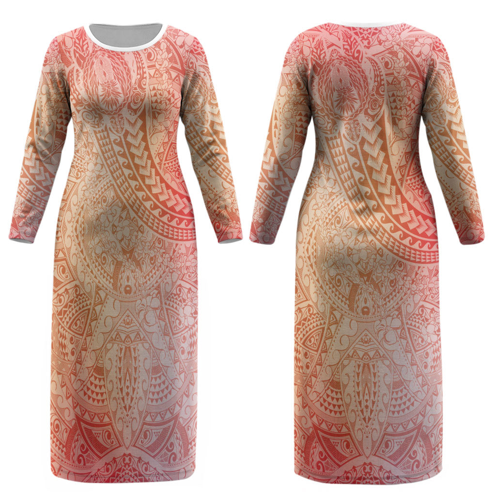 Hawaiian Turtles and Leis Couples Matching Long Sleeve Bodycon Dress and Long Sleeve Button Shirt Tribal Kakau Pattern Peach Fuzz Color LT03 - Polynesian Pride