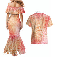 Hawaiian Turtles and Leis Couples Matching Mermaid Dress and Hawaiian Shirt Tribal Kakau Pattern Peach Fuzz Color