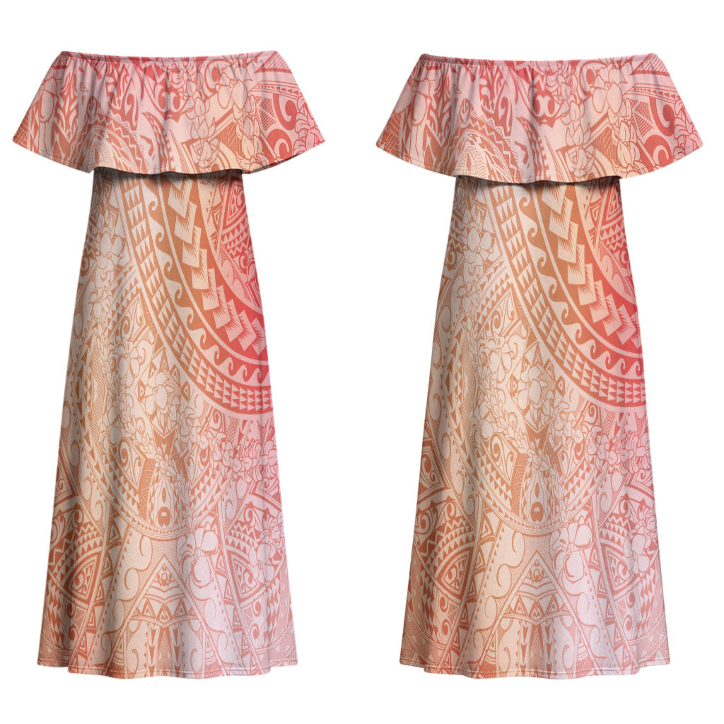 Hawaiian Turtles and Leis Couples Matching Off Shoulder Maxi Dress and Long Sleeve Button Shirt Tribal Kakau Pattern Peach Fuzz Color LT03 - Polynesian Pride