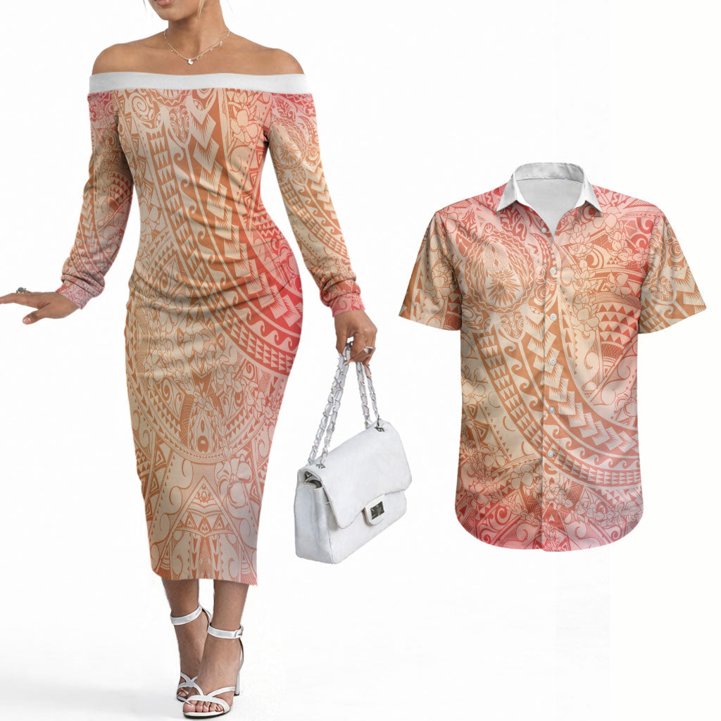 Hawaiian Turtles and Leis Couples Matching Off The Shoulder Long Sleeve Dress and Hawaiian Shirt Tribal Kakau Pattern Peach Fuzz Color LT03 Peach Fuzz - Polynesian Pride