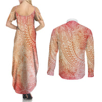Hawaiian Turtles and Leis Couples Matching Summer Maxi Dress and Long Sleeve Button Shirt Tribal Kakau Pattern Peach Fuzz Color