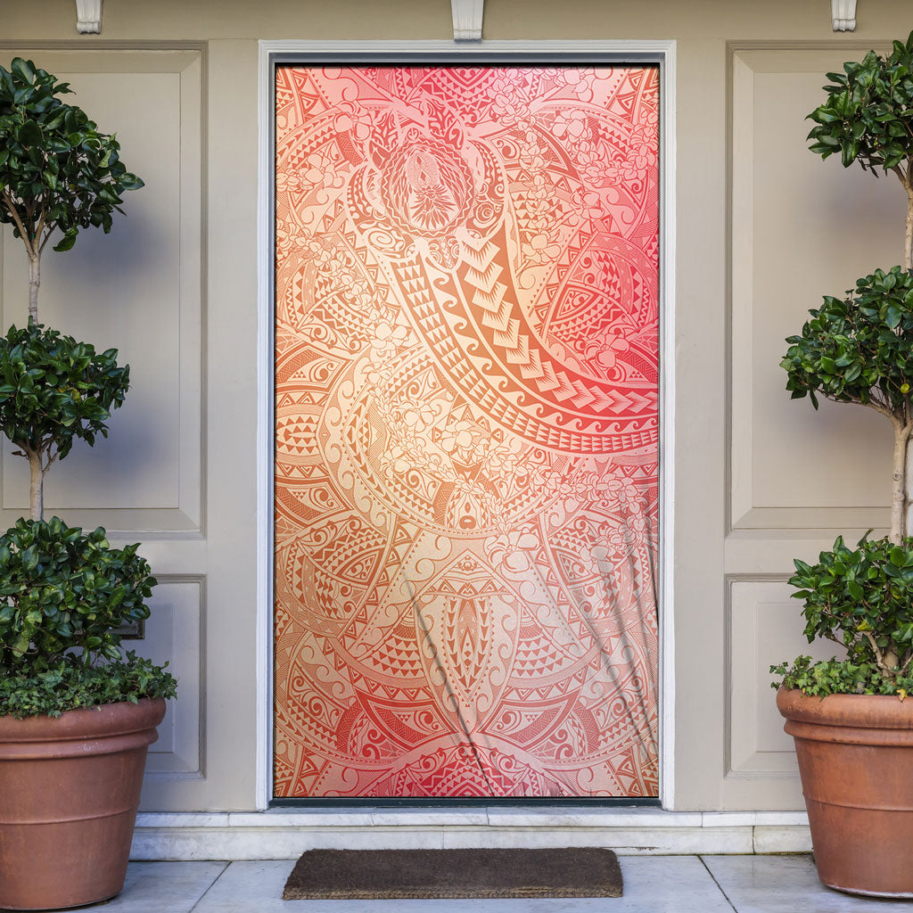Hawaiian Turtles and Leis Door Cover Tribal Kakau Pattern Peach Fuzz Color