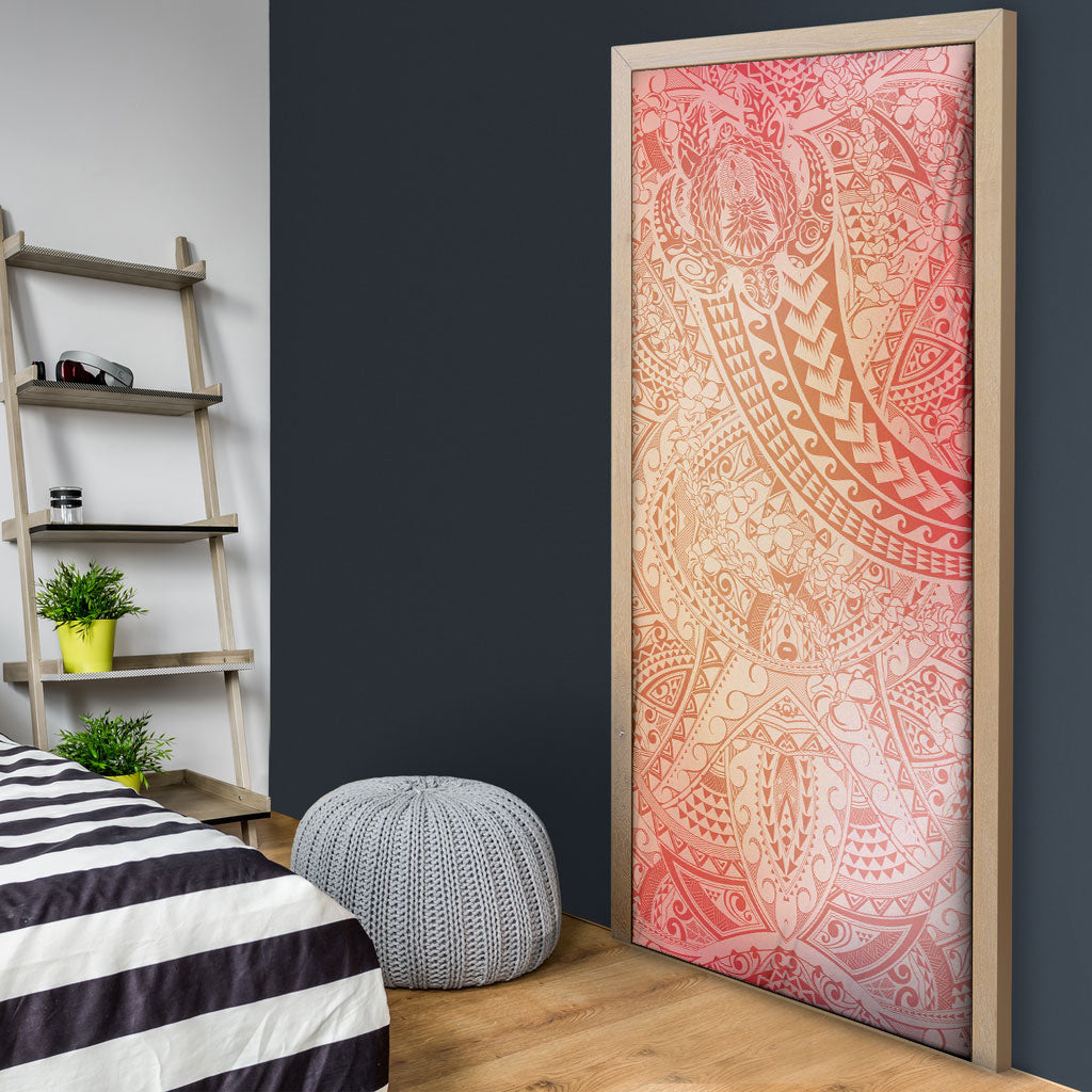 Hawaiian Turtles and Leis Door Cover Tribal Kakau Pattern Peach Fuzz Color