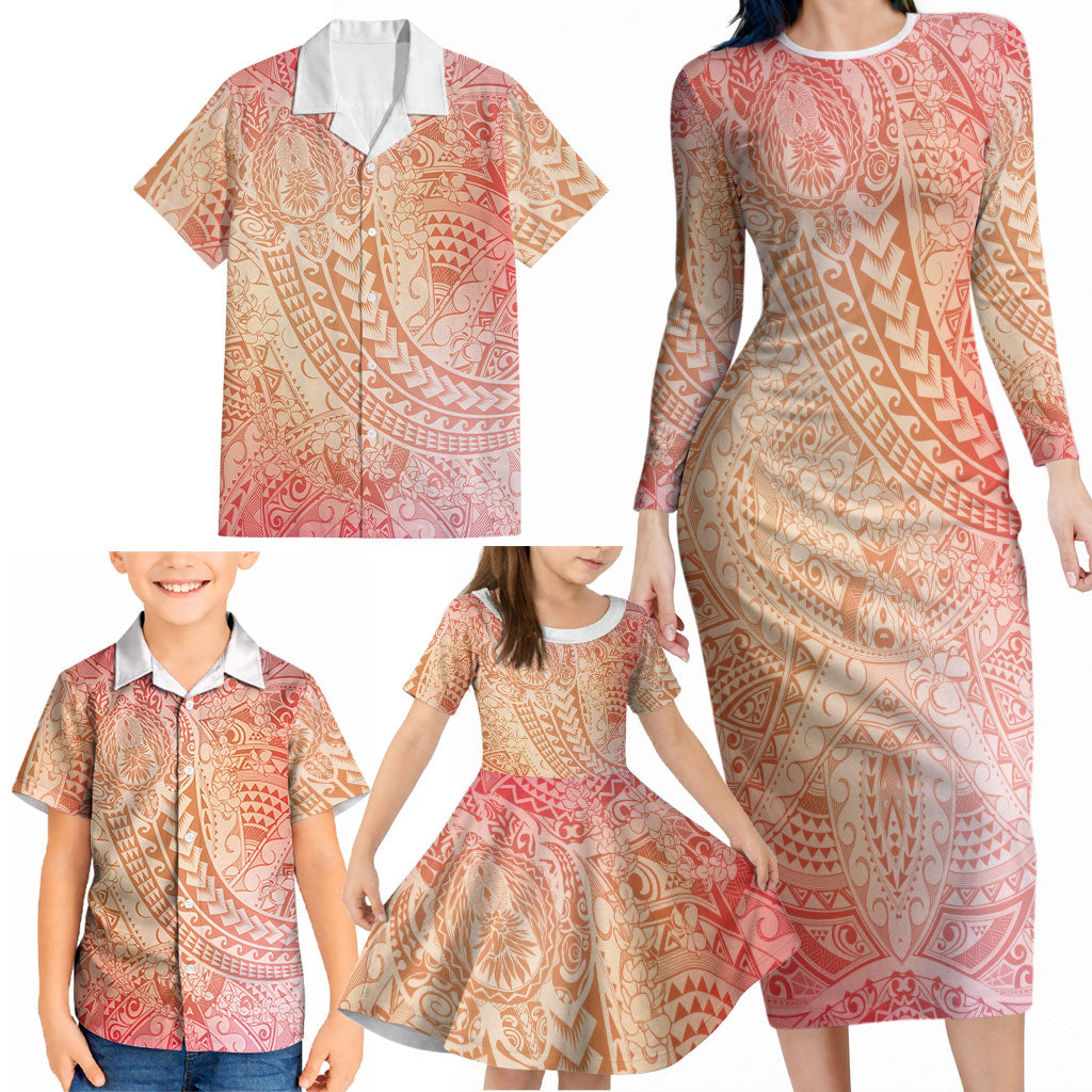 Hawaiian Turtles and Leis Family Matching Long Sleeve Bodycon Dress and Hawaiian Shirt Tribal Kakau Pattern Peach Fuzz Color LT03 - Polynesian Pride
