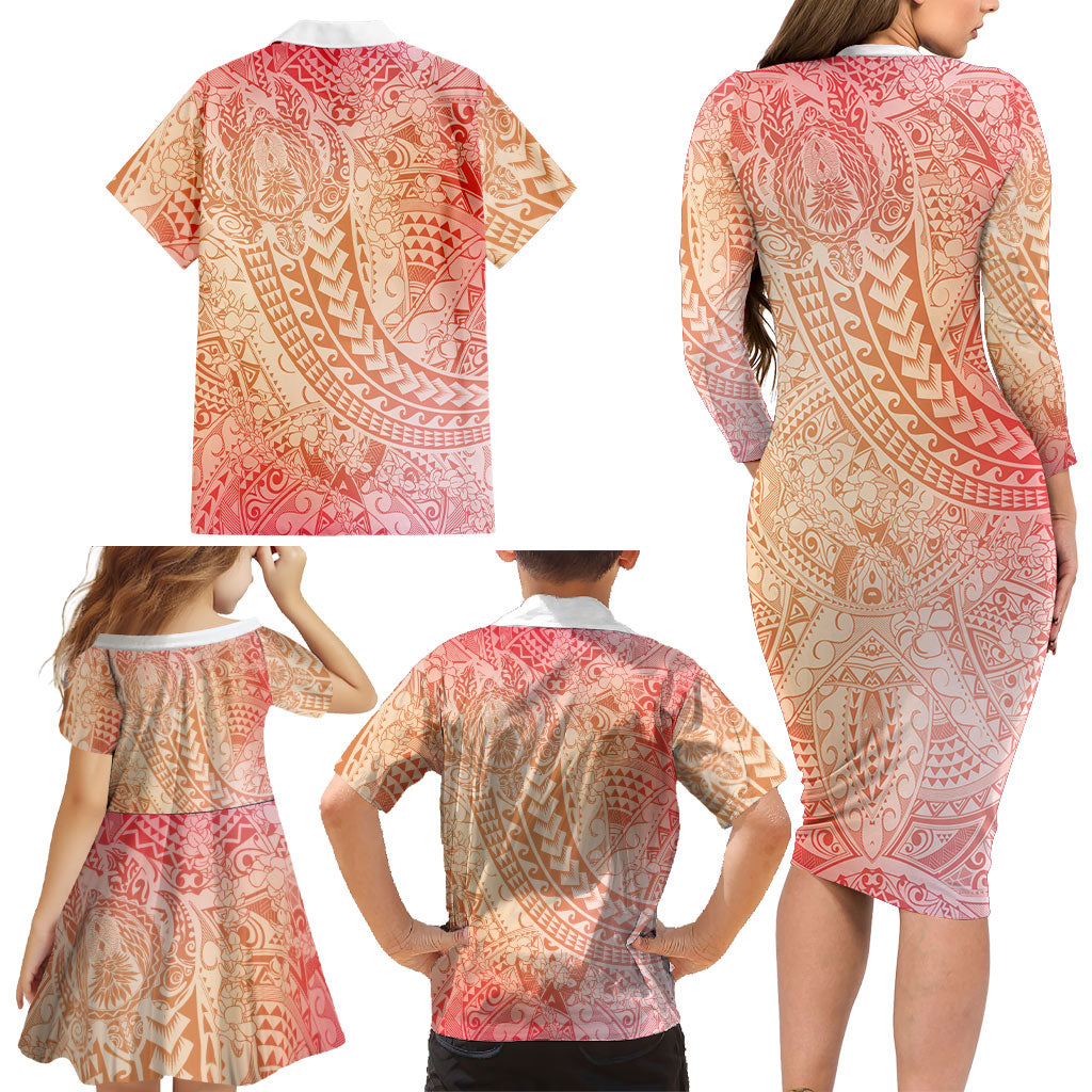 Hawaiian Turtles and Leis Family Matching Long Sleeve Bodycon Dress and Hawaiian Shirt Tribal Kakau Pattern Peach Fuzz Color