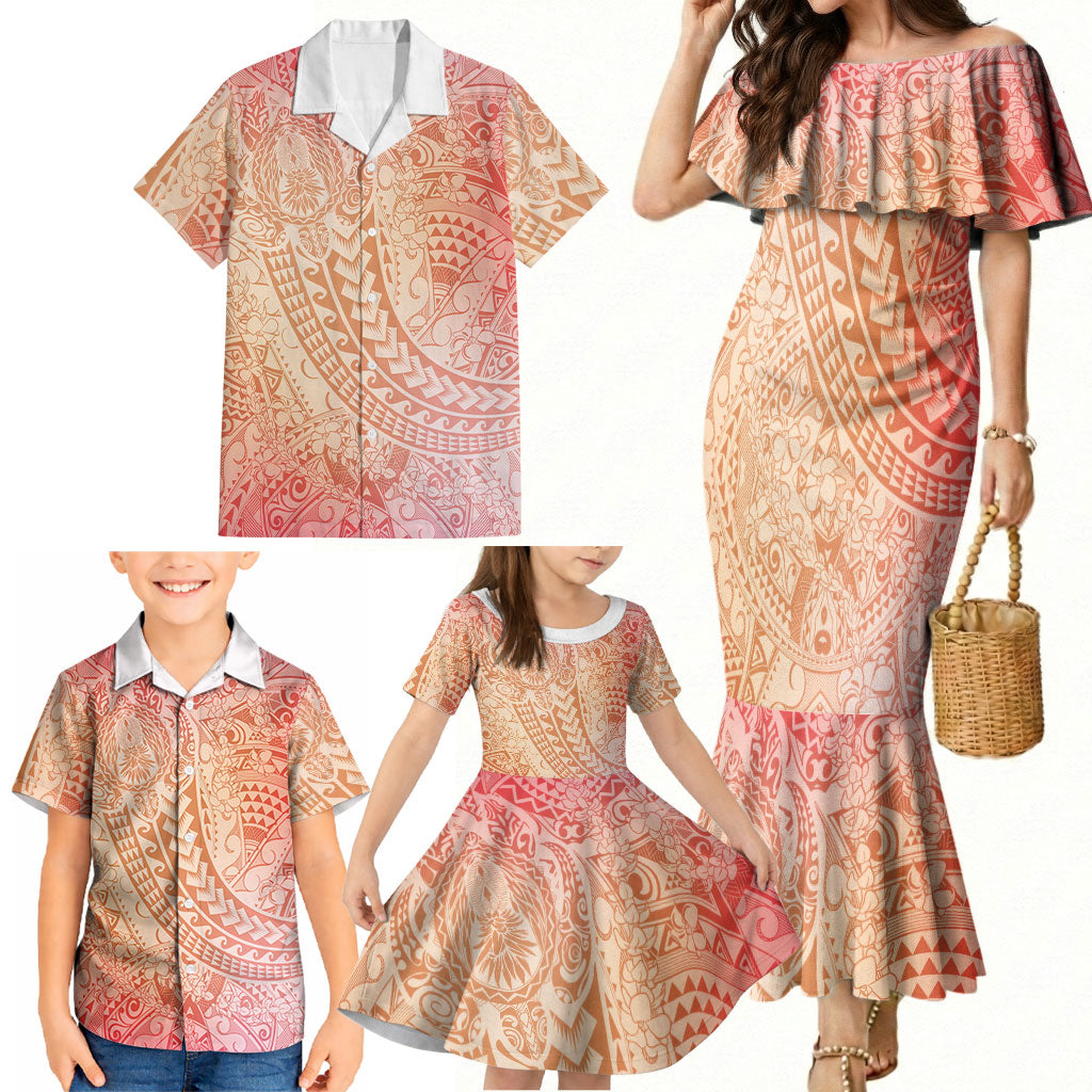 Hawaiian Turtles and Leis Family Matching Mermaid Dress and Hawaiian Shirt Tribal Kakau Pattern Peach Fuzz Color LT03 - Polynesian Pride