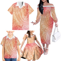 Hawaiian Turtles and Leis Family Matching Off The Shoulder Long Sleeve Dress and Hawaiian Shirt Tribal Kakau Pattern Peach Fuzz Color