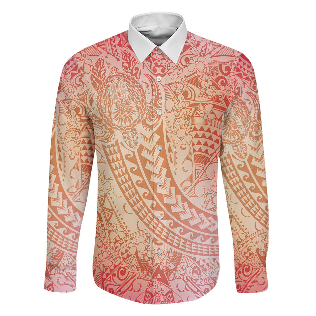 Hawaiian Turtles and Leis Family Matching Off The Shoulder Long Sleeve Dress and Hawaiian Shirt Tribal Kakau Pattern Peach Fuzz Color