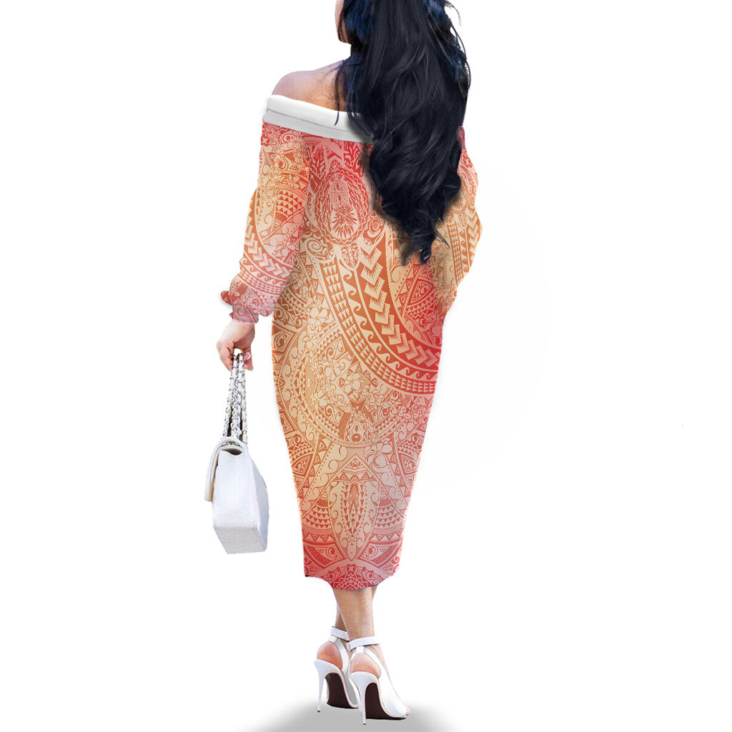 Hawaiian Turtles and Leis Family Matching Off The Shoulder Long Sleeve Dress and Hawaiian Shirt Tribal Kakau Pattern Peach Fuzz Color