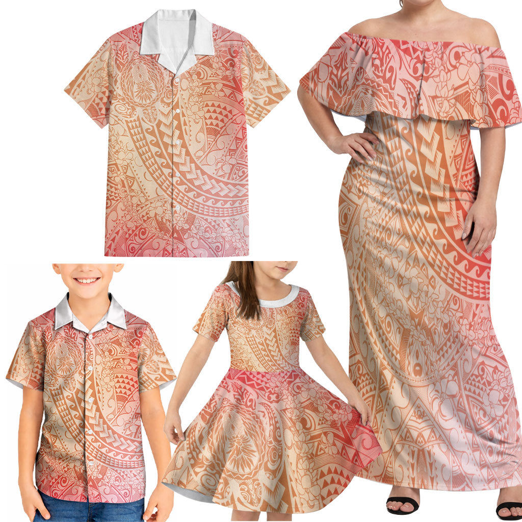 Hawaiian Turtles and Leis Family Matching Off Shoulder Maxi Dress and Hawaiian Shirt Tribal Kakau Pattern Peach Fuzz Color LT03 - Polynesian Pride