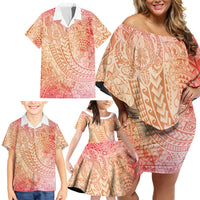 Hawaiian Turtles and Leis Family Matching Off Shoulder Short Dress and Hawaiian Shirt Tribal Kakau Pattern Peach Fuzz Color
