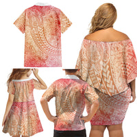 Hawaiian Turtles and Leis Family Matching Off Shoulder Short Dress and Hawaiian Shirt Tribal Kakau Pattern Peach Fuzz Color