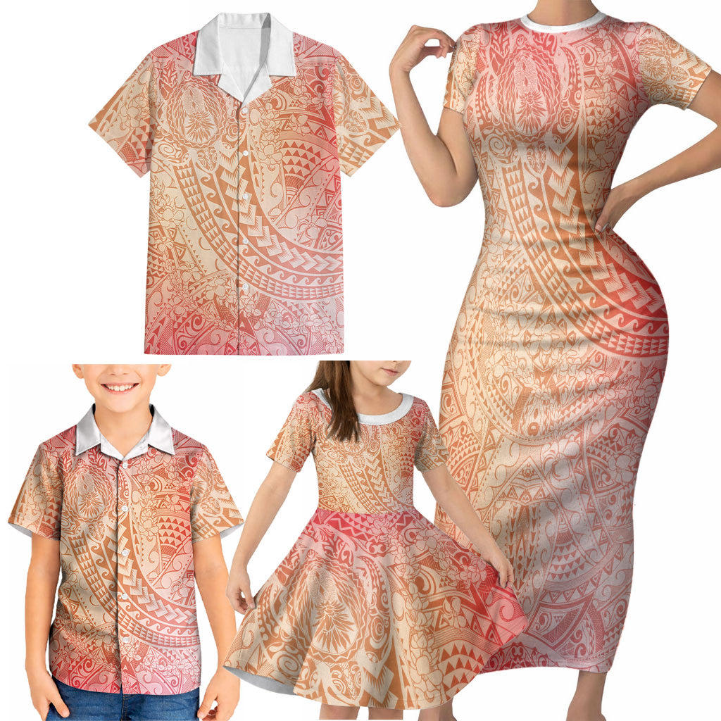 Hawaiian Turtles and Leis Family Matching Short Sleeve Bodycon Dress and Hawaiian Shirt Tribal Kakau Pattern Peach Fuzz Color LT03 - Polynesian Pride