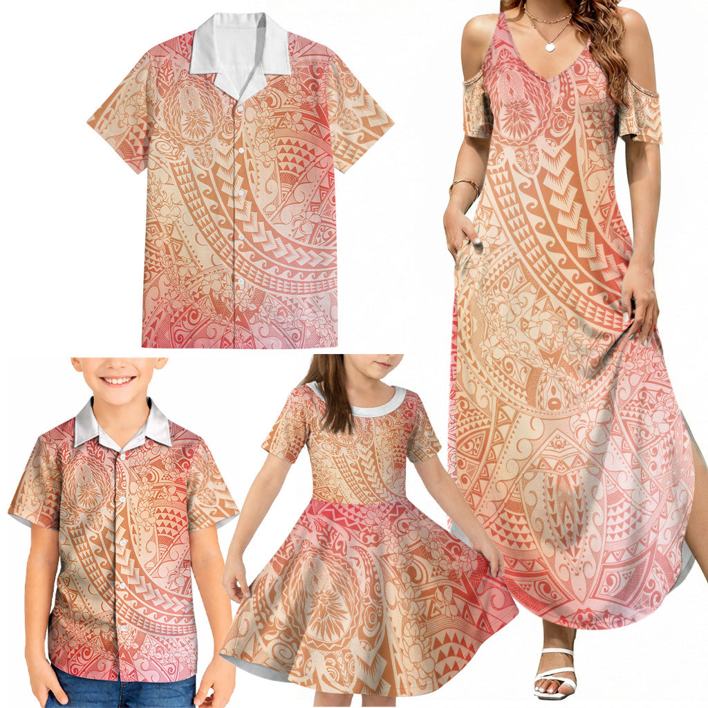 Hawaiian Turtles and Leis Family Matching Summer Maxi Dress and Hawaiian Shirt Tribal Kakau Pattern Peach Fuzz Color LT03 - Polynesian Pride