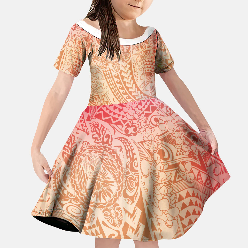 Hawaiian Turtles and Leis Family Matching Tank Maxi Dress and Hawaiian Shirt Tribal Kakau Pattern Peach Fuzz Color