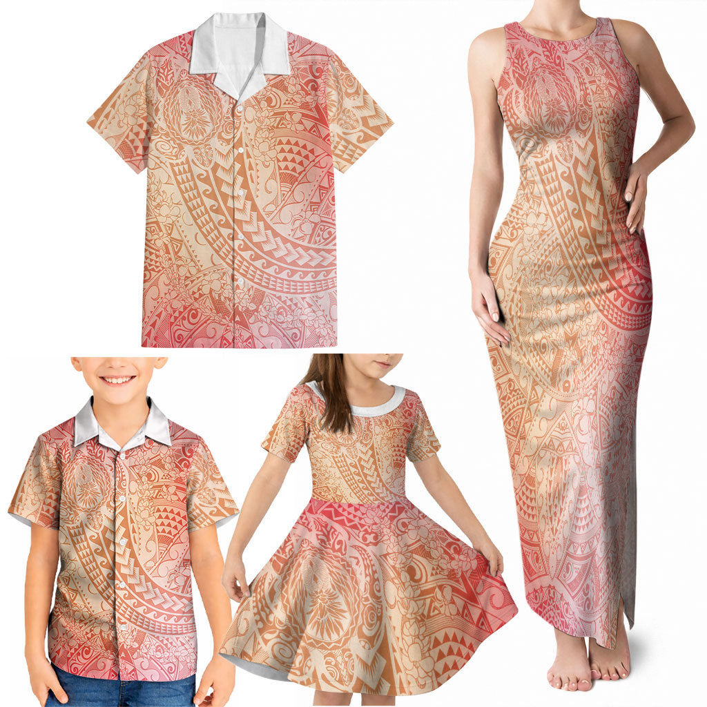 Hawaiian Turtles and Leis Family Matching Tank Maxi Dress and Hawaiian Shirt Tribal Kakau Pattern Peach Fuzz Color LT03 - Polynesian Pride