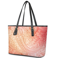 Hawaiian Turtles and Leis Leather Tote Bag Tribal Kakau Pattern Peach Fuzz Color