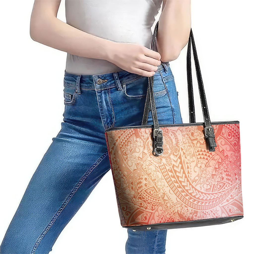 Hawaiian Turtles and Leis Leather Tote Bag Tribal Kakau Pattern Peach Fuzz Color