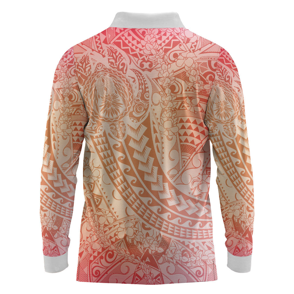 Hawaiian Turtles and Leis Long Sleeve Polo Shirt Tribal Kakau Pattern Peach Fuzz Color