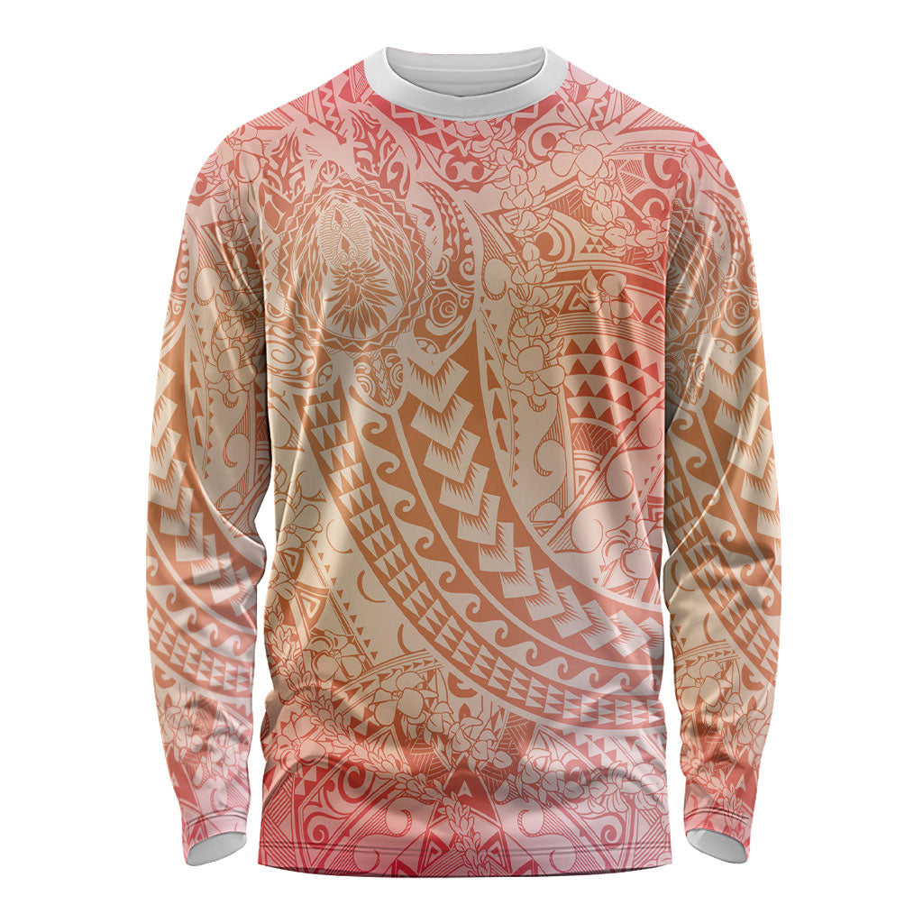 Hawaiian Turtles and Leis Long Sleeve Shirt Tribal Kakau Pattern Peach Fuzz Color