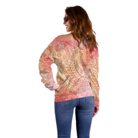 Hawaiian Turtles and Leis Off Shoulder Sweater Tribal Kakau Pattern Peach Fuzz Color
