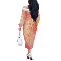 Hawaiian Turtles and Leis Off The Shoulder Long Sleeve Dress Tribal Kakau Pattern Peach Fuzz Color