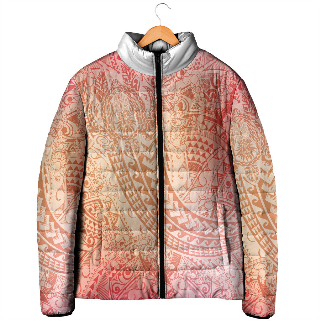 Hawaiian Turtles and Leis Padded Jacket Tribal Kakau Pattern Peach Fuzz Color