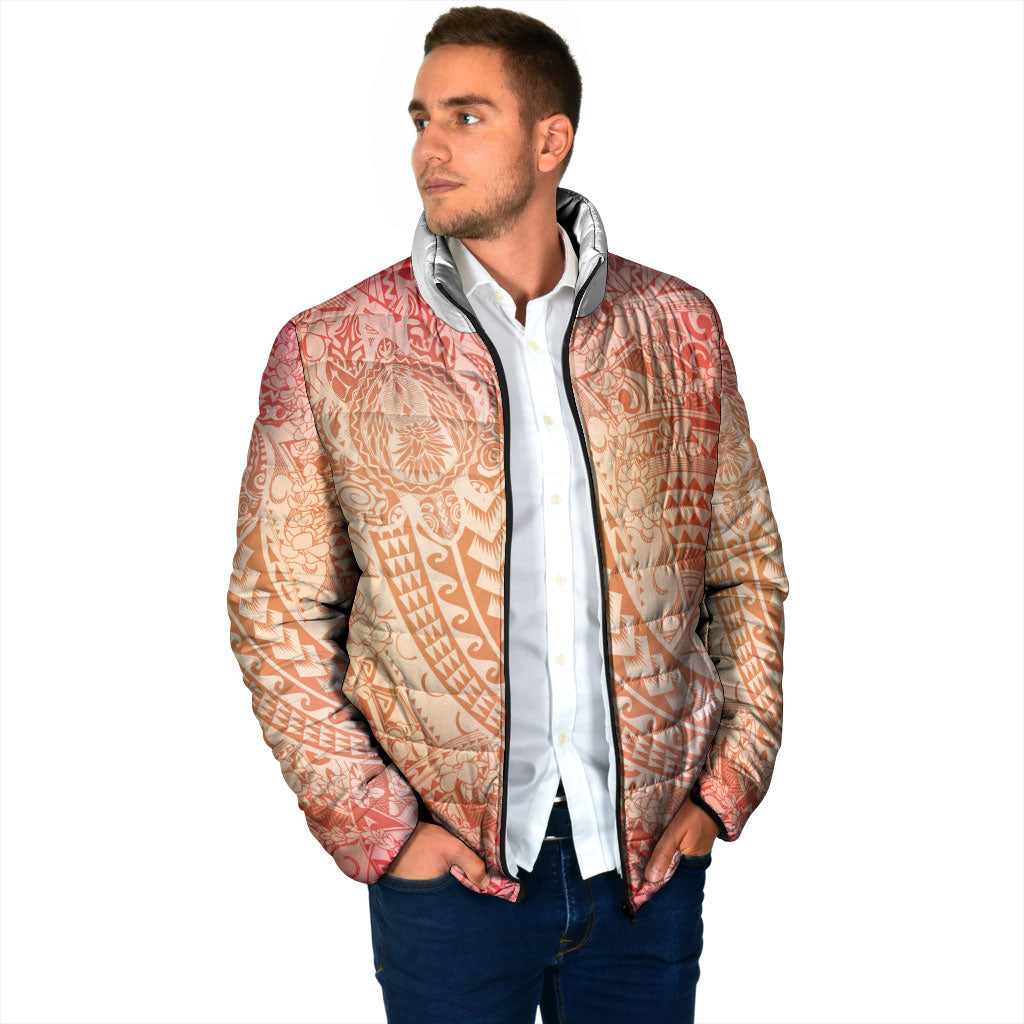 Hawaiian Turtles and Leis Padded Jacket Tribal Kakau Pattern Peach Fuzz Color