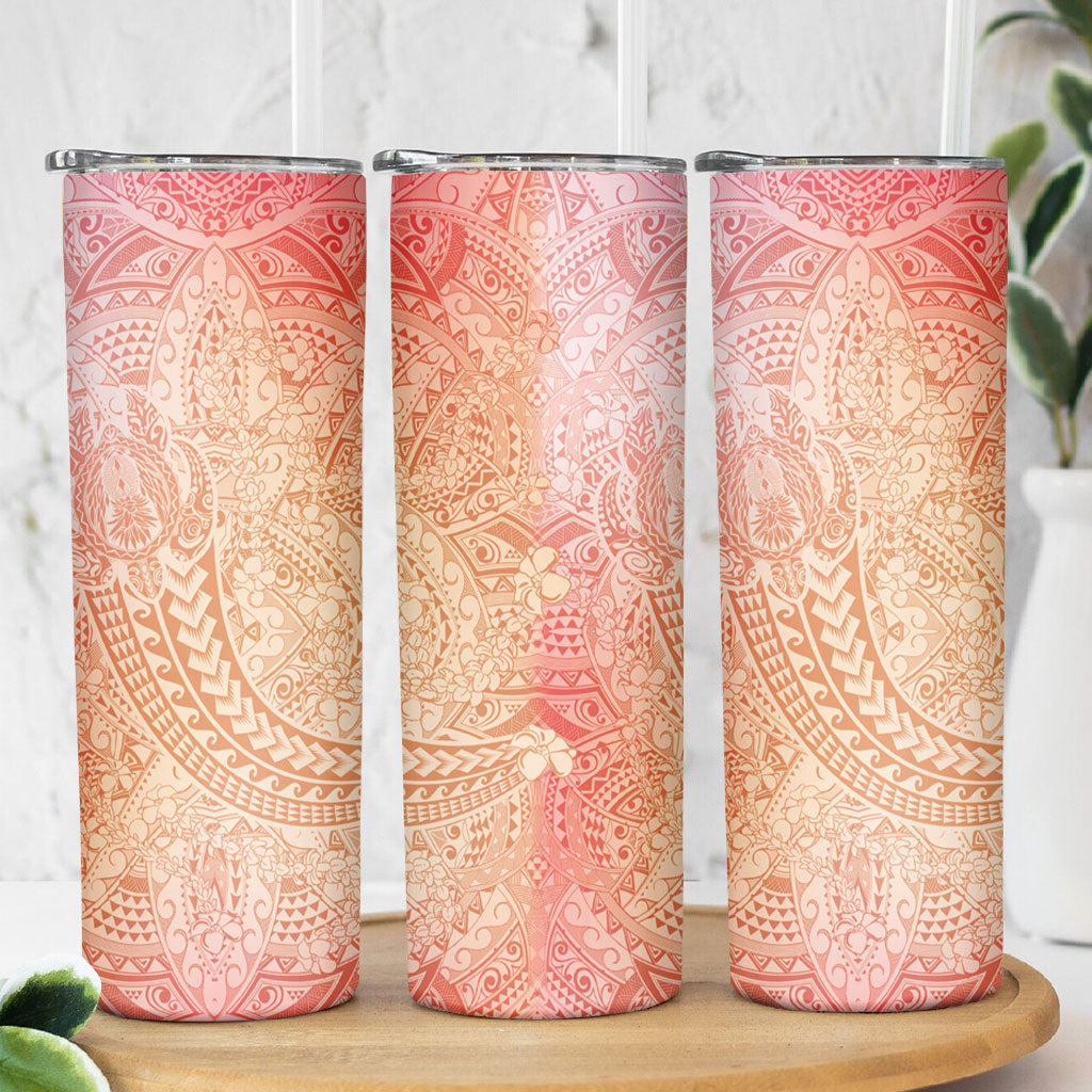 Hawaiian Turtles and Leis Skinny Tumbler Tribal Kakau Pattern Peach Fuzz Color