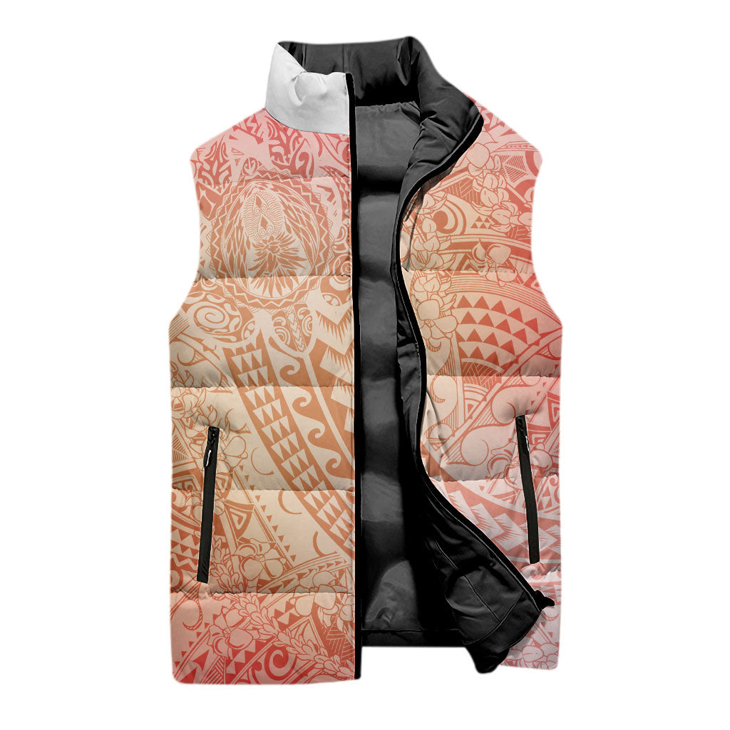 Hawaiian Turtles and Leis Sleeveless Puffer Jacket Tribal Kakau Pattern Peach Fuzz Color
