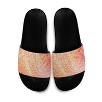 Hawaiian Turtles and Leis Slide Sandals Tribal Kakau Pattern Peach Fuzz Color