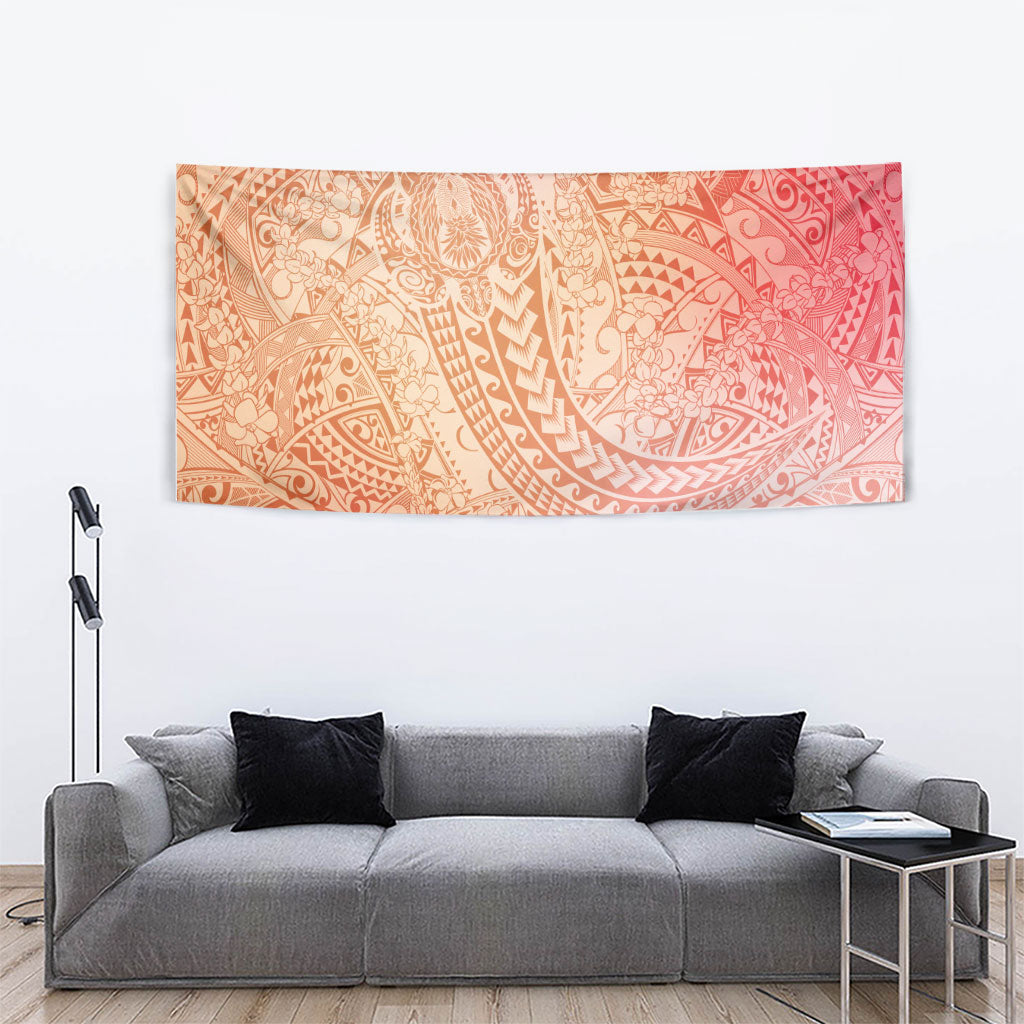Hawaiian Turtles and Leis Tapestry Tribal Kakau Pattern Peach Fuzz Color