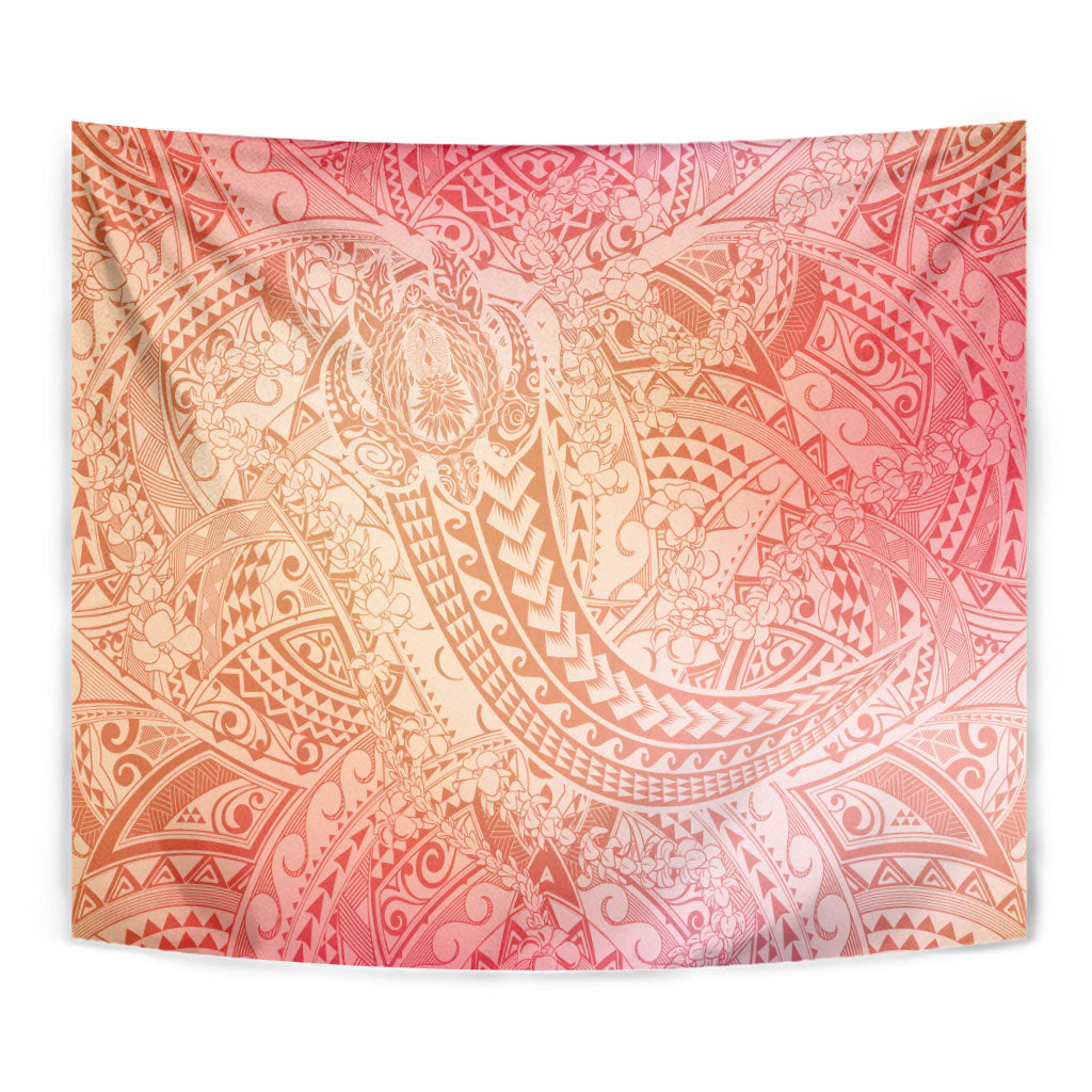 Hawaiian Turtles and Leis Tapestry Tribal Kakau Pattern Peach Fuzz Color