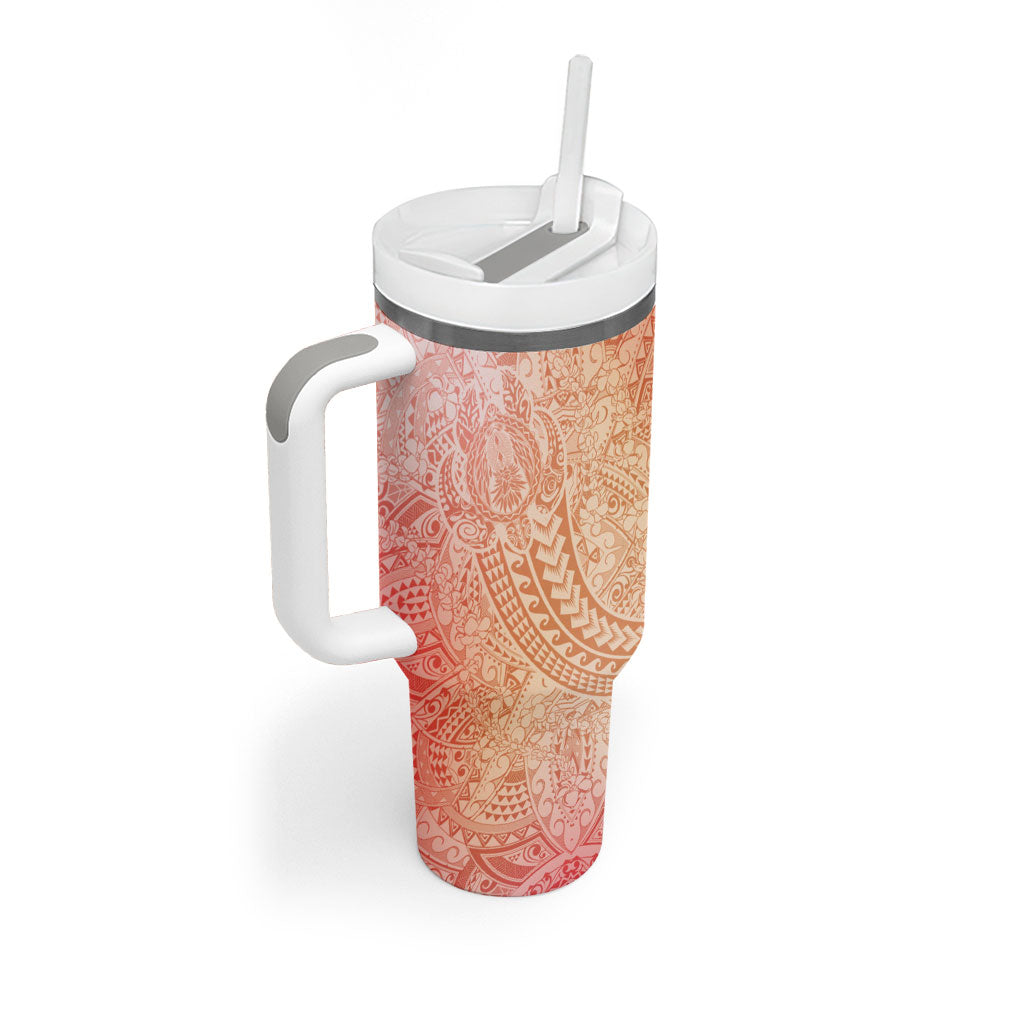 Hawaiian Turtles and Leis Tumbler With Handle Tribal Kakau Pattern Peach Fuzz Color