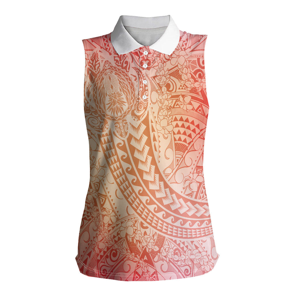 Hawaiian Turtles and Leis Women Sleeveless Polo Shirt Tribal Kakau Pattern Peach Fuzz Color