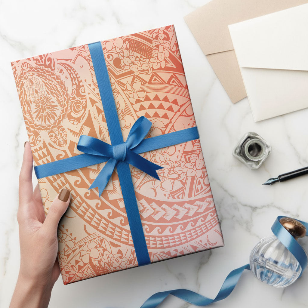 Hawaiian Turtles and Leis Wrapping Paper Tribal Kakau Pattern Peach Fuzz Color